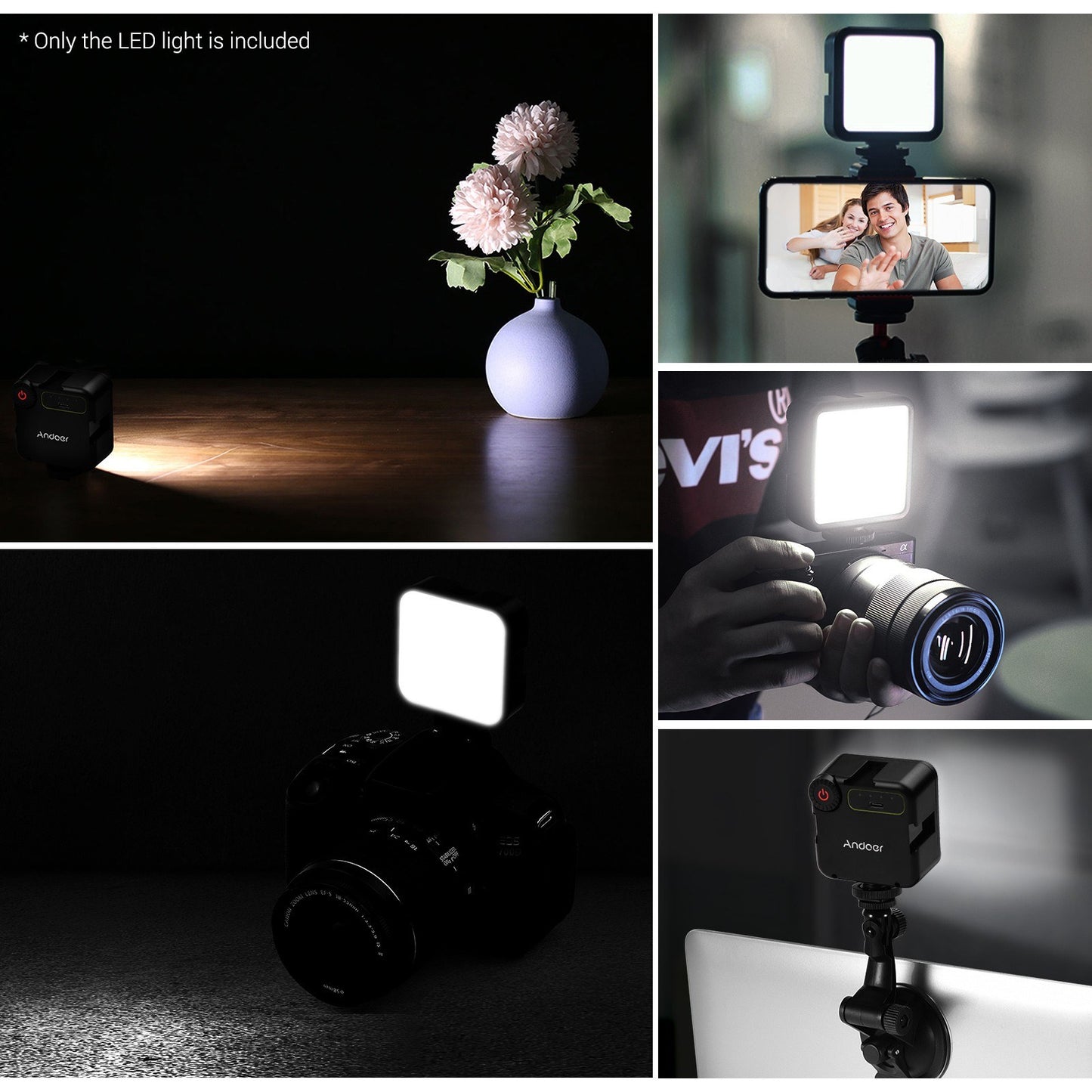 Andoer W49S Mini LED Video Light 5600K Dimmable 5W with 3 Cold Shoe Mounts