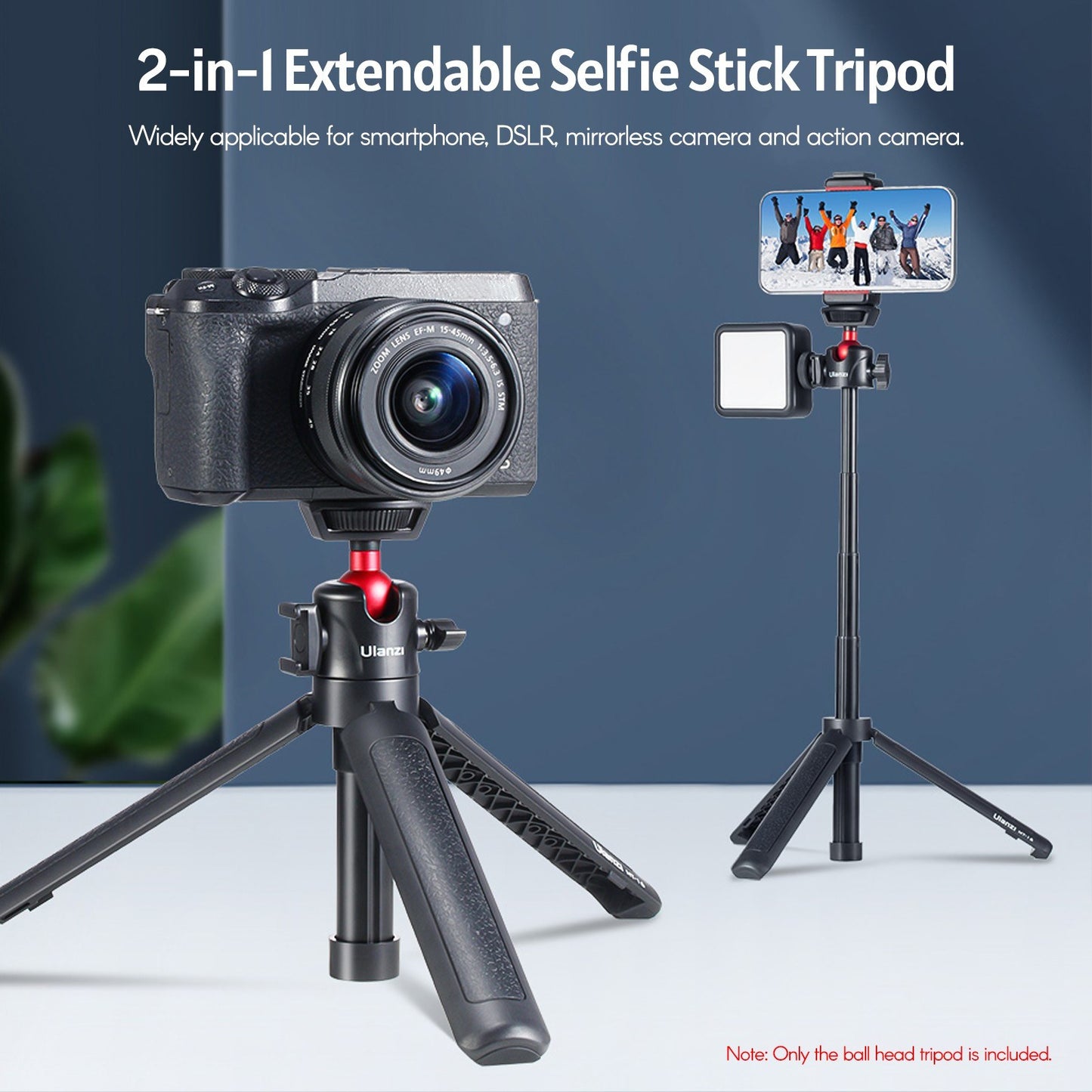 Ulanzi MT-16 Extendable Selfie Stick Tripod 4-Section 44cm 2KG Payload with 360° Swivel Ball Head