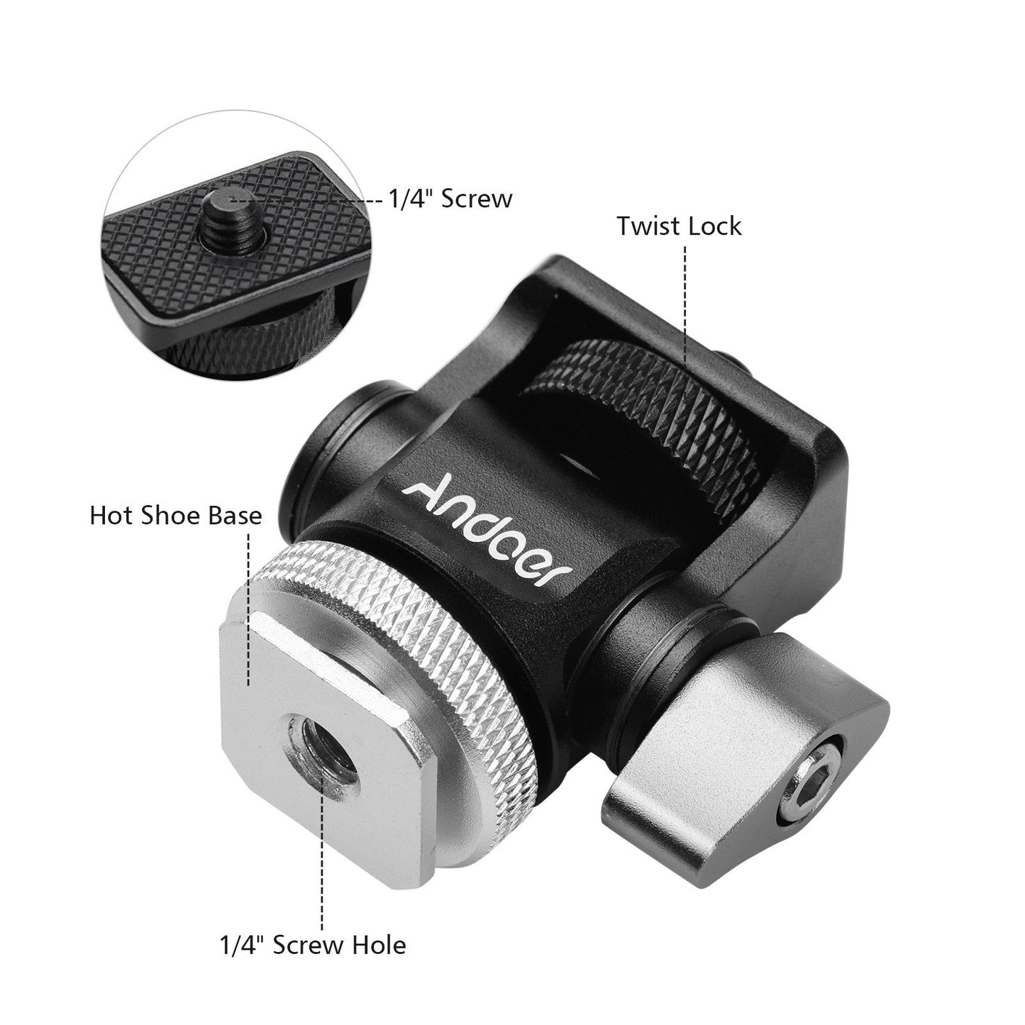 Andoer Mini Monitor Mount Tripod Head Cold Shoe Adapter Aluminum Alloy for Mounting Camera LED Fill Light - Silver