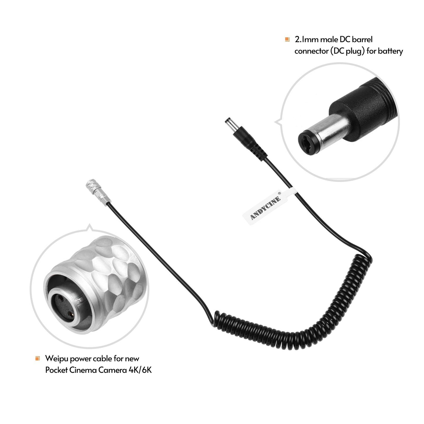 Male to BMPCC 4K/6K Power Cable Straight DC Plug Coiled Cable
