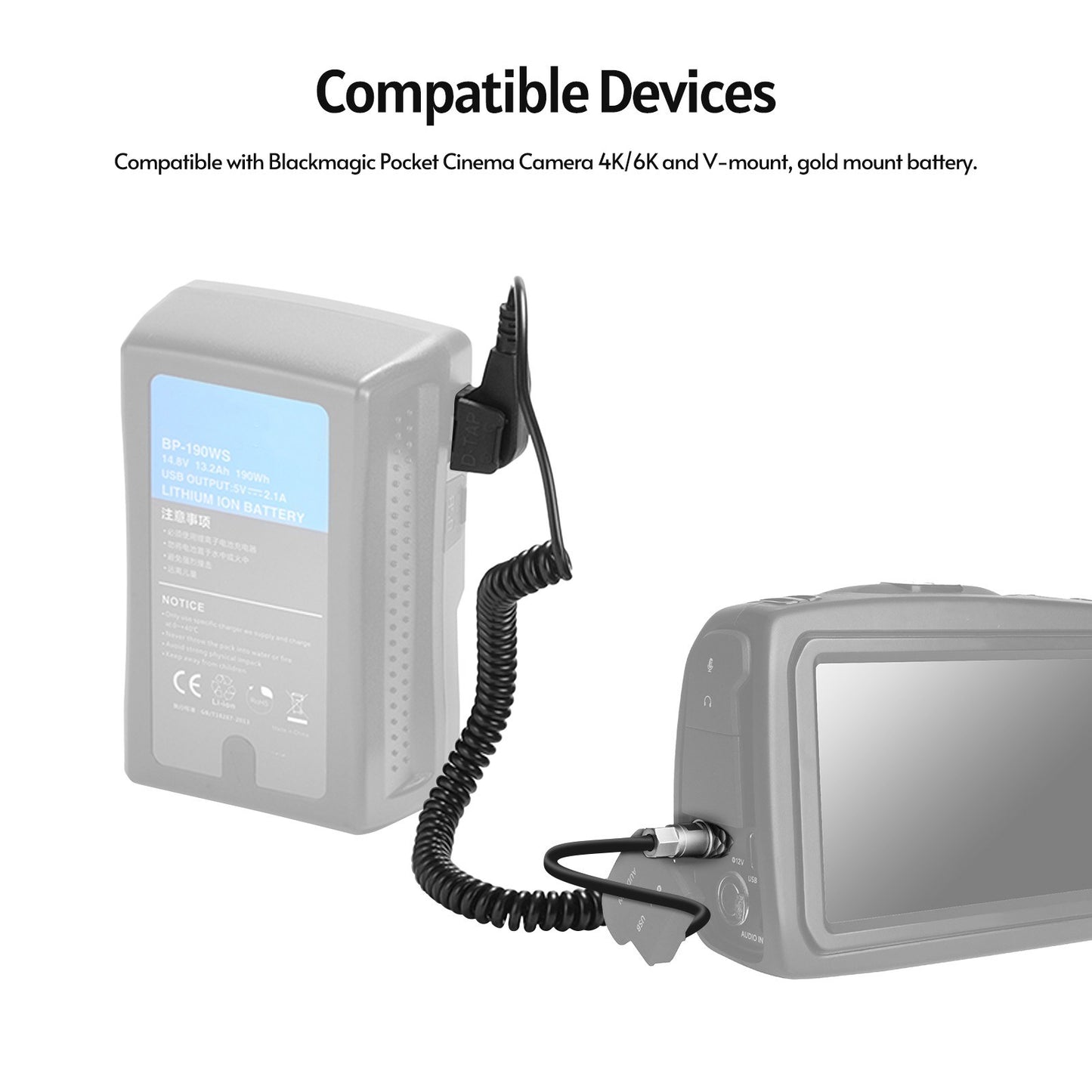 Coiled D-Tap to BMPCC 4K/6K Weipu Power Cable Compatible with Blackmagic Pocket Cinema Camera