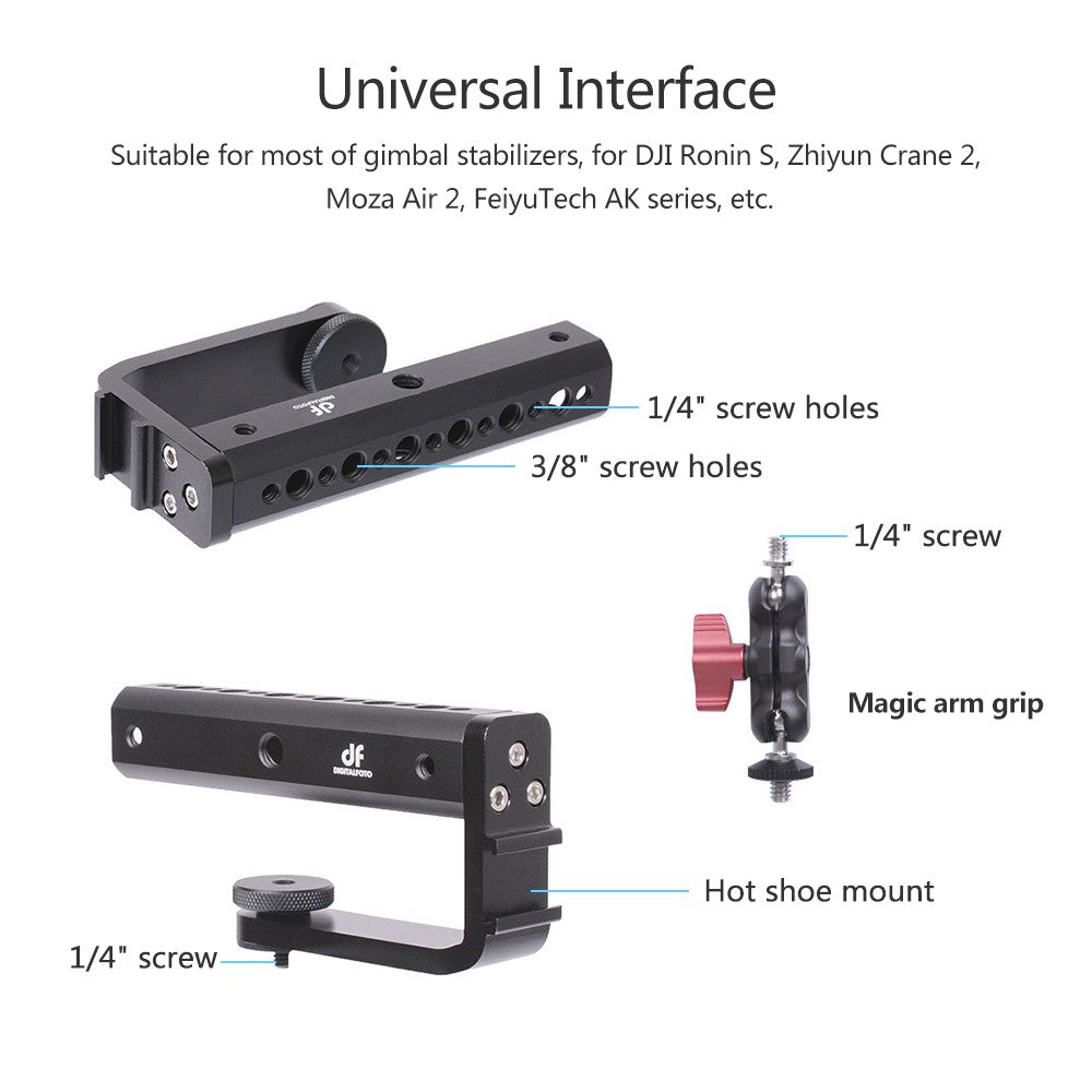 DF DIGITALFOTO VISIONBH Universal Reversed Bottom Single Hand Gimbal Extended Bracket with Hot-Shoe Mount + 1/4 + 3/8 Inch Screw Mount for Monitor Microphone LED Light Mounting for DJI Ronin S Zhiyun Crane 2 Moza Air 2 FeiyuTech - Black
