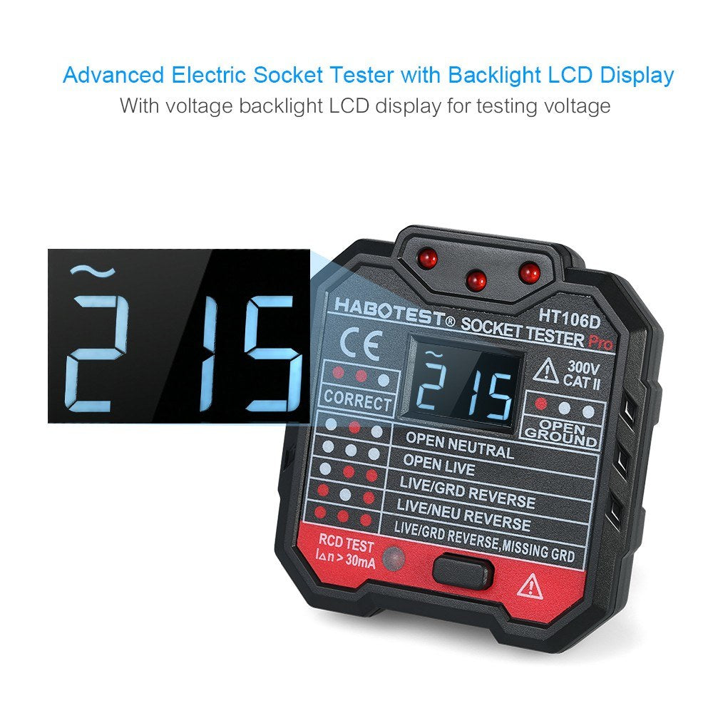 Habotest HT106D RCD Electric Socket Tester Automatic Neutral Live Earth Wire Circuit Polarity Detector Wall Plug Breaker Finder with Voltage Backlight LCD Display - EU Plug