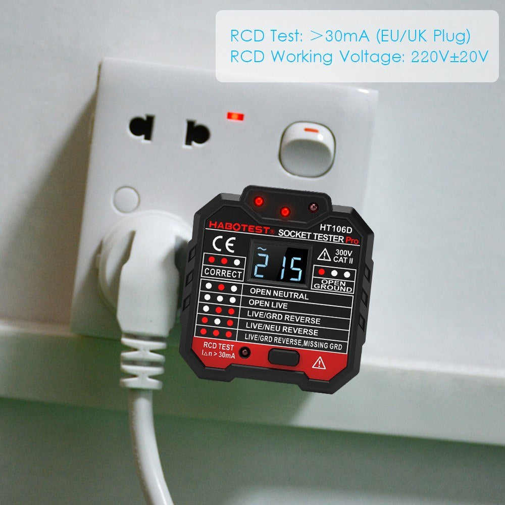 Habotest HT106D RCD Electric Socket Tester Automatic Neutral Live Earth Wire Circuit Polarity Detector Wall Plug Breaker Finder with Voltage Backlight LCD Display - EU Plug