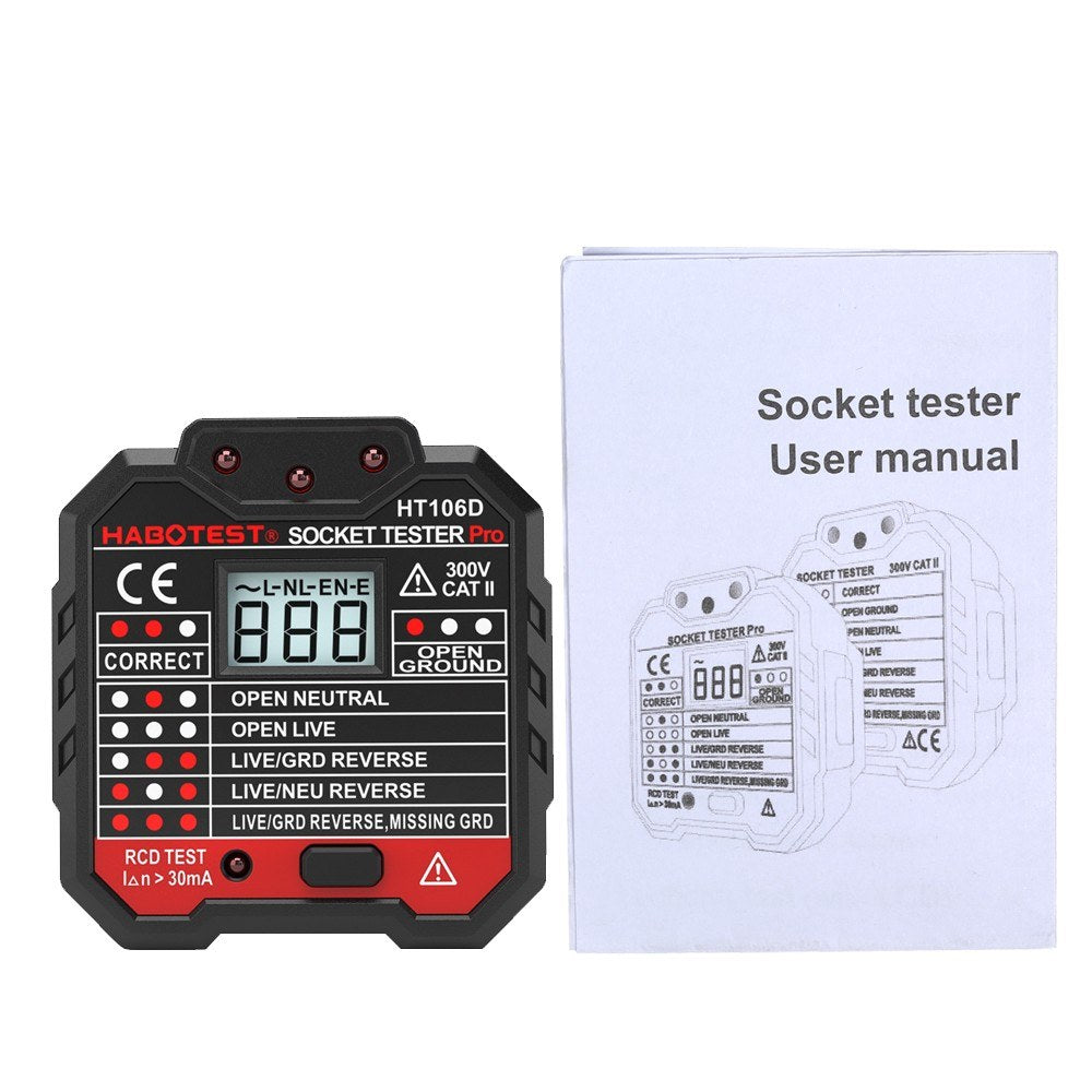 Habotest HT106D RCD Electric Socket Tester Automatic Neutral Live Earth Wire Circuit Polarity Detector Wall Plug Breaker Finder with Voltage Backlight LCD Display - EU Plug