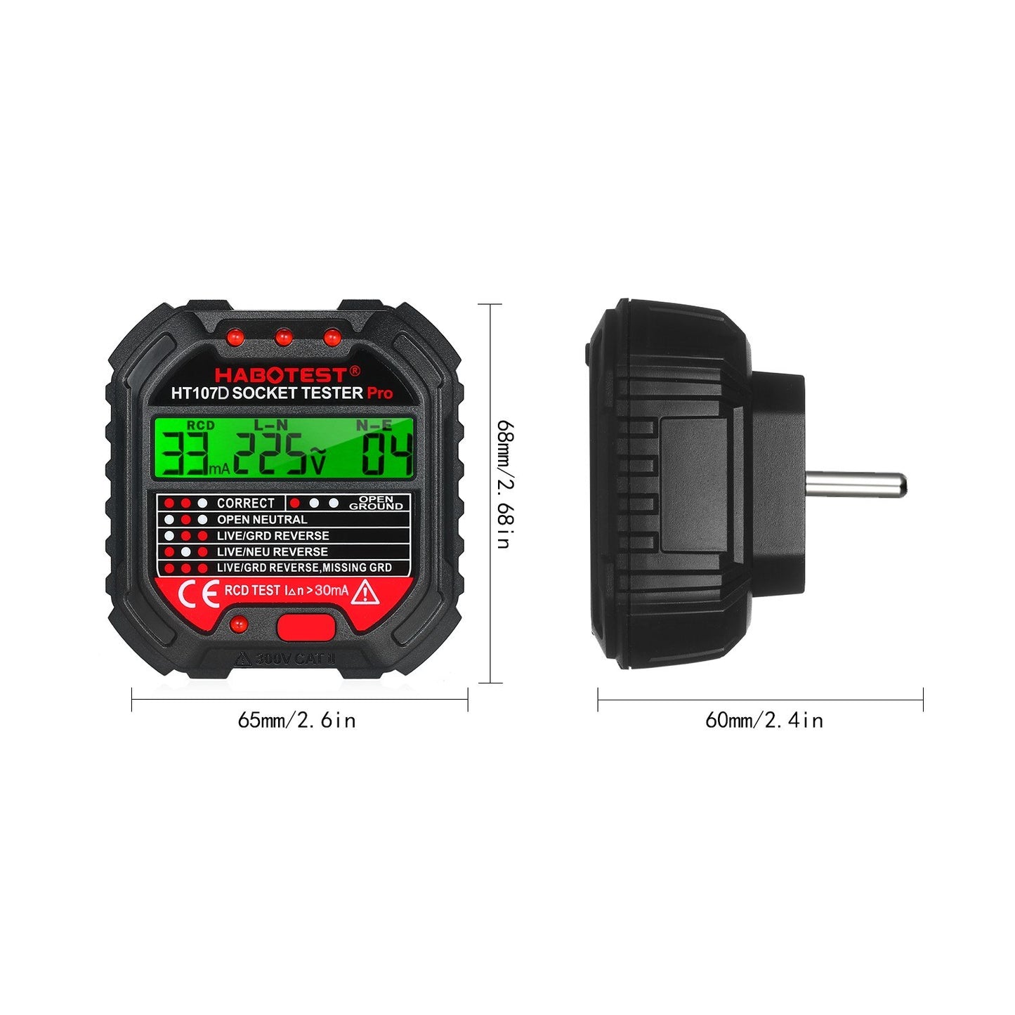 Habotest GFCI HT107D Outlet Tester with Voltage Display 90-250V Socket Tester Automatic Electric Circuit Polarity Voltage Detector Breaker Finder - EU Plug
