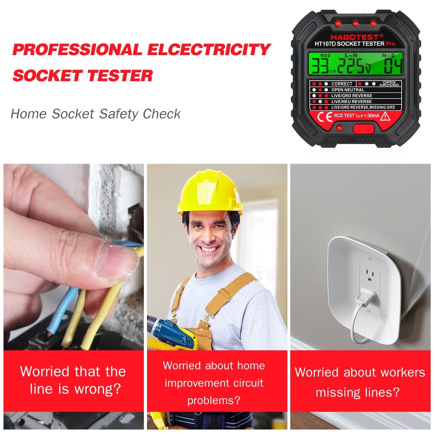 Habotest GFCI HT107D Outlet Tester with Voltage Display 90-250V Socket Tester Automatic Electric Circuit Polarity Voltage Detector Breaker Finder - EU Plug