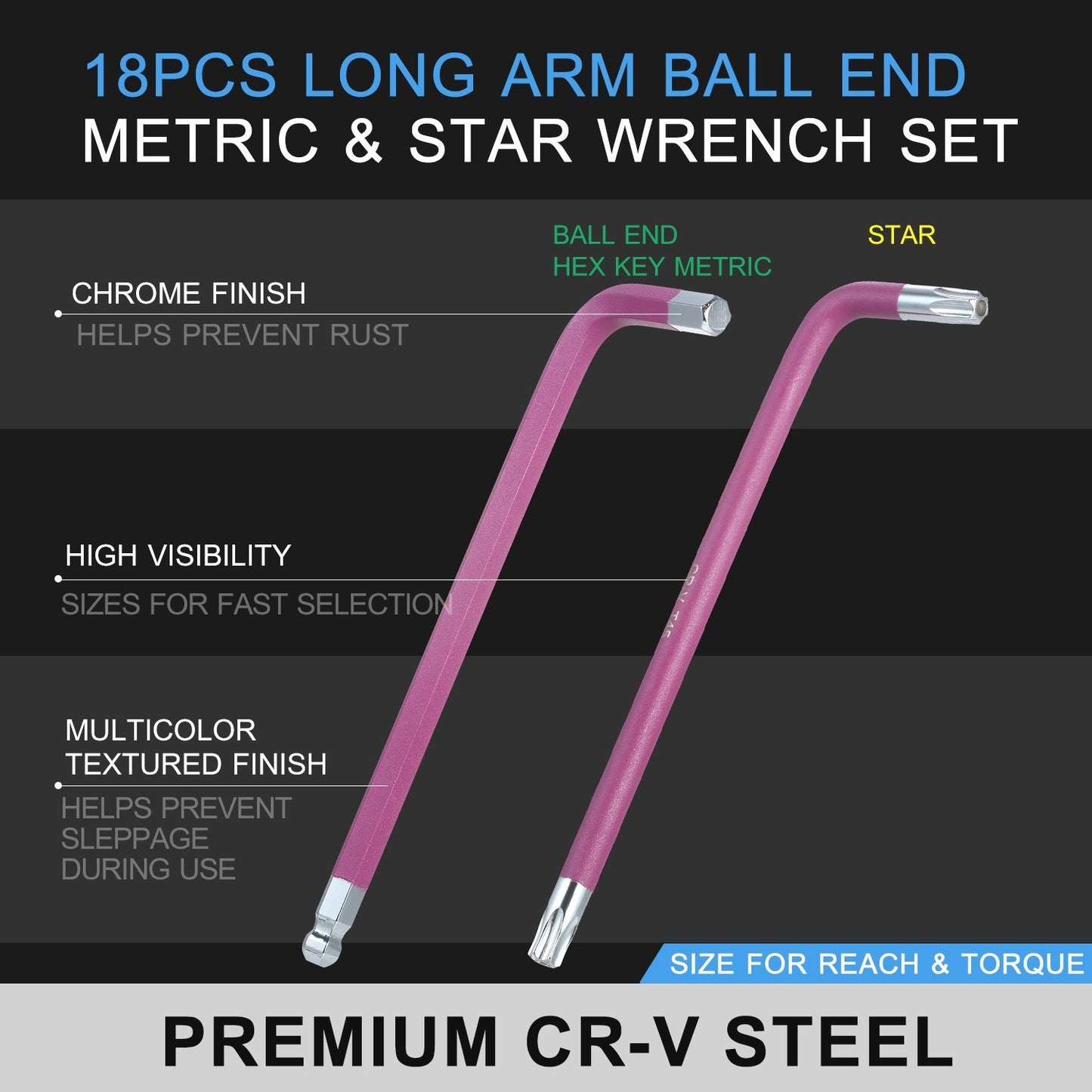 18Pcs/Set Multicolour L-Key Metric Star Long Arm Ball End Hex Key Set Allen Wrench Kit with Holding Case