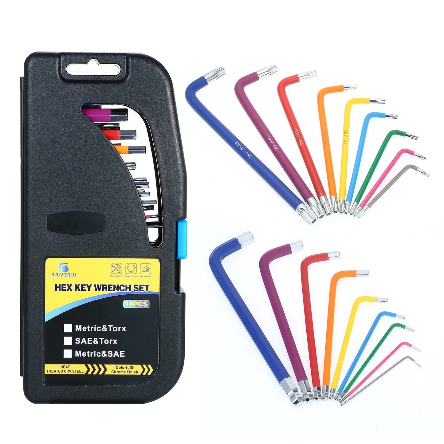 18Pcs/Set Multicolour L-Key Metric Star Long Arm Ball End Hex Key Set Allen Wrench Kit with Holding Case