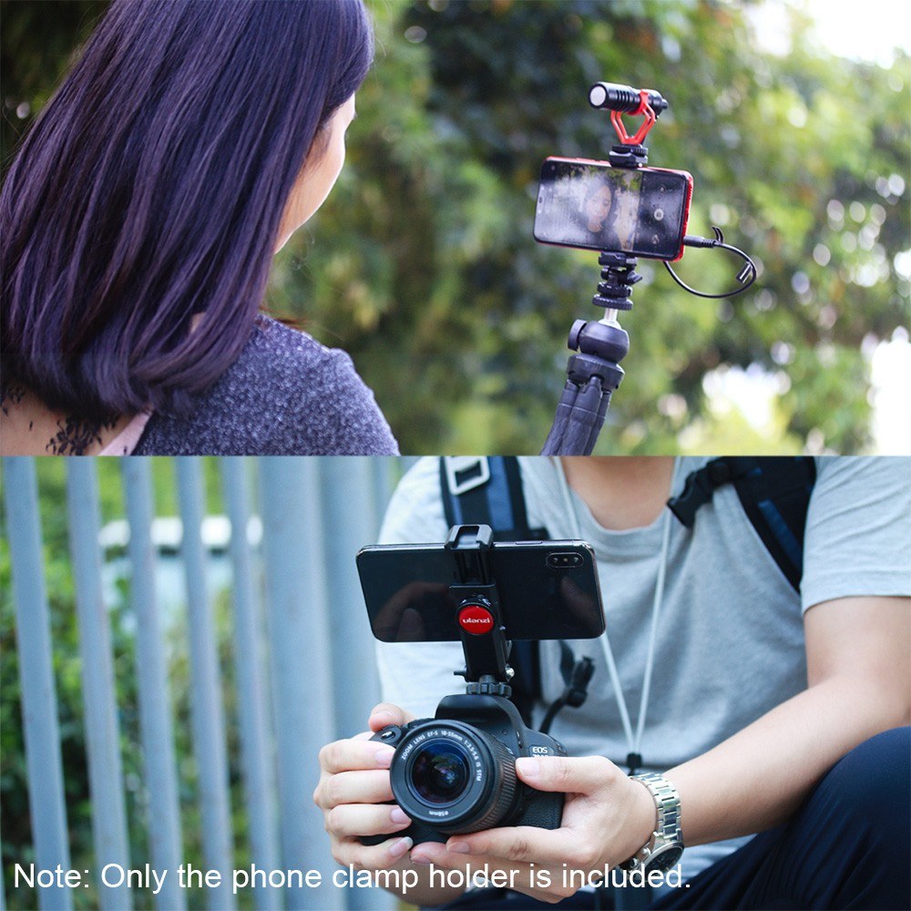 Uniqkart Rotatable Adjustable Angle Tripod Phone Holder Clamp Clip Mount Adapter with 1/4 Hot-Shoe Microphone Mount Cold-Shoe 360 Degree Rotatable