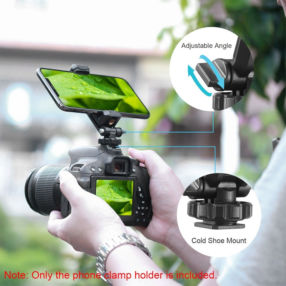 Uniqkart Rotatable Adjustable Angle Tripod Phone Holder Clamp Clip Mount Adapter with 1/4 Hot-Shoe Microphone Mount Cold-Shoe 360 Degree Rotatable