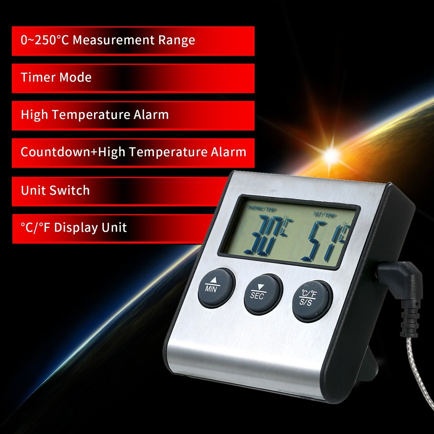 Kitchen BBQ Grill Food LCD Digital Thermometer 0~250°C with Alarm Timer Function (without Certification)