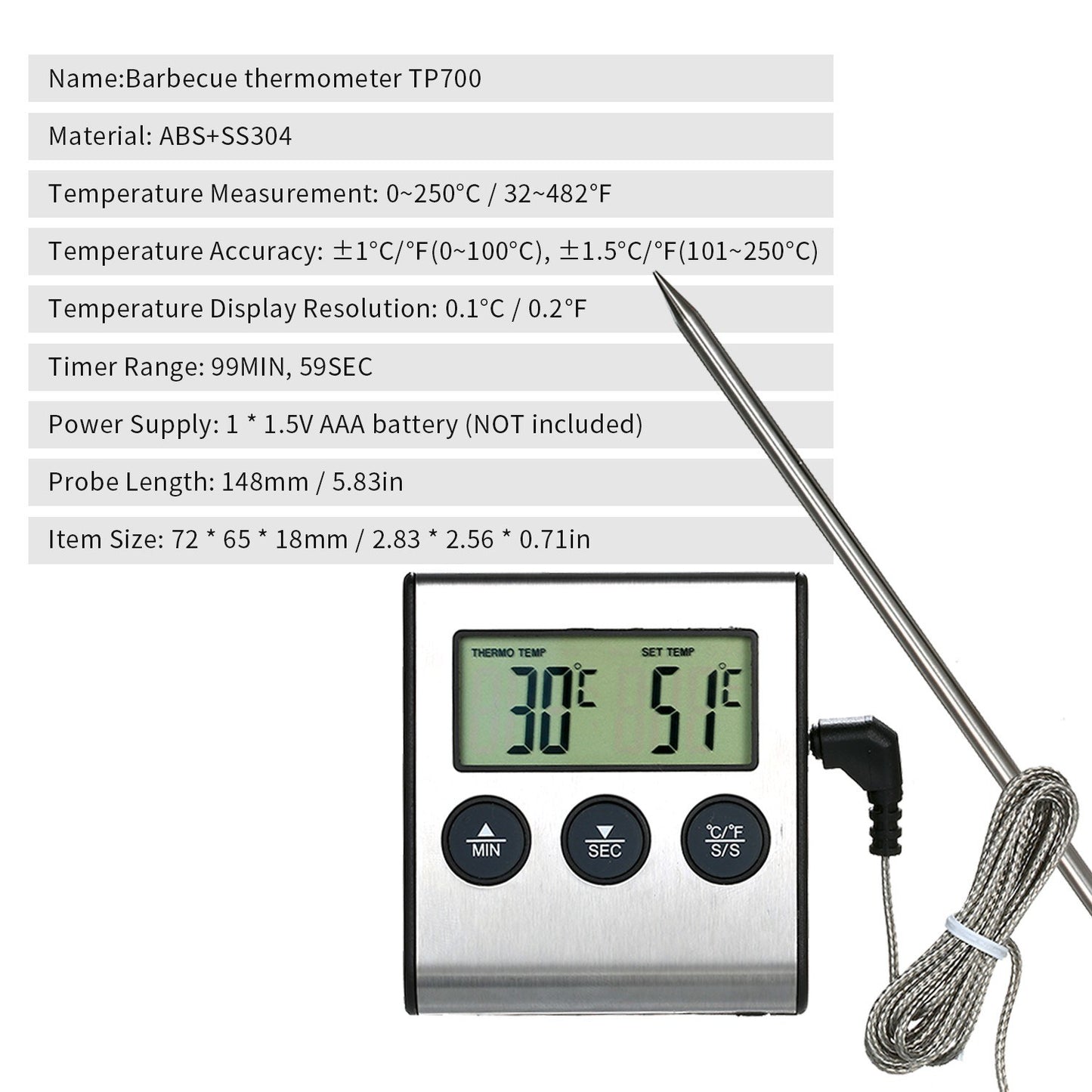 Kitchen BBQ Grill Food LCD Digital Thermometer 0~250°C with Alarm Timer Function (without Certification)
