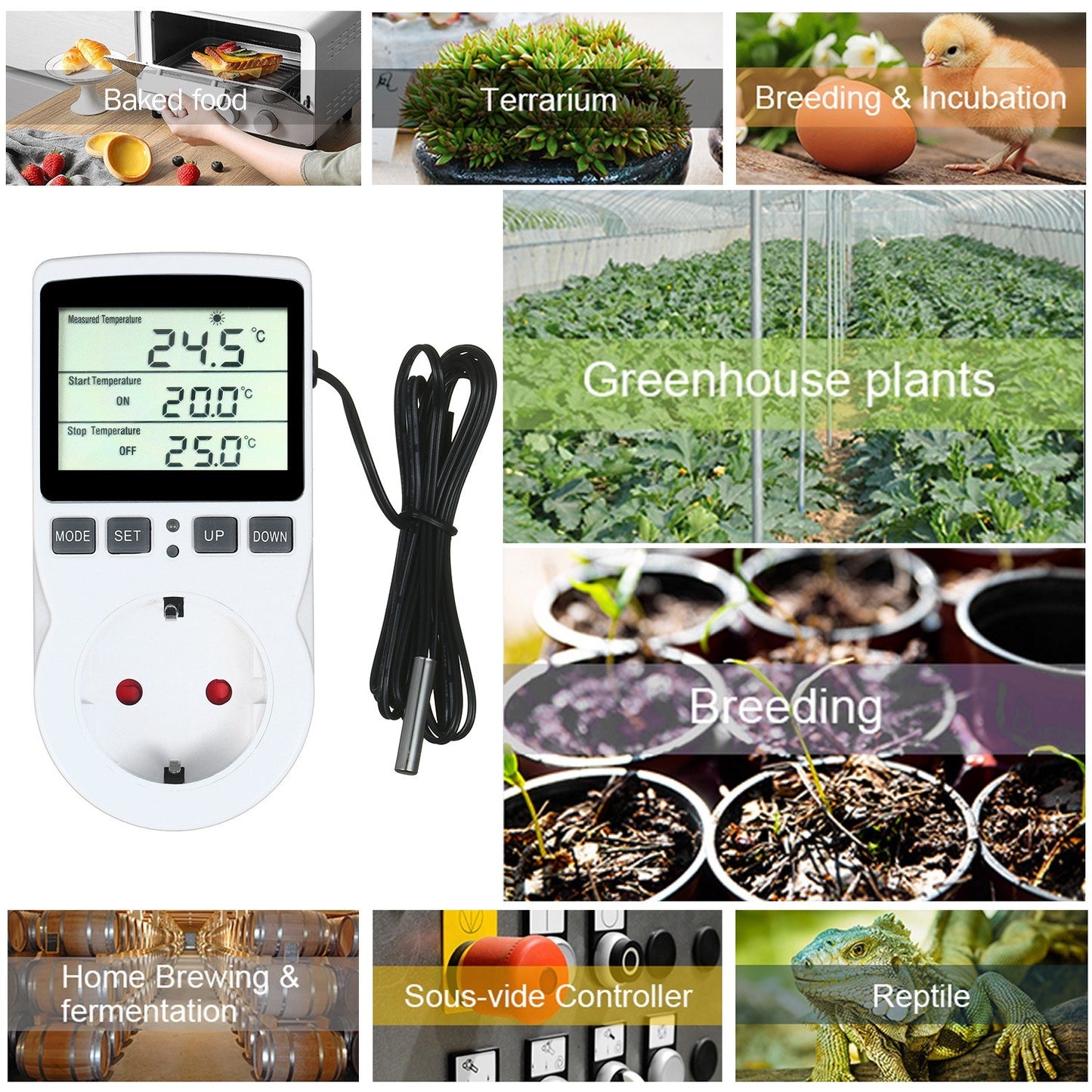 Uniqkart for Greenhouse Seed Germination Digital Thermostat Temperature Controlled with Timer and Probe - EU Plug