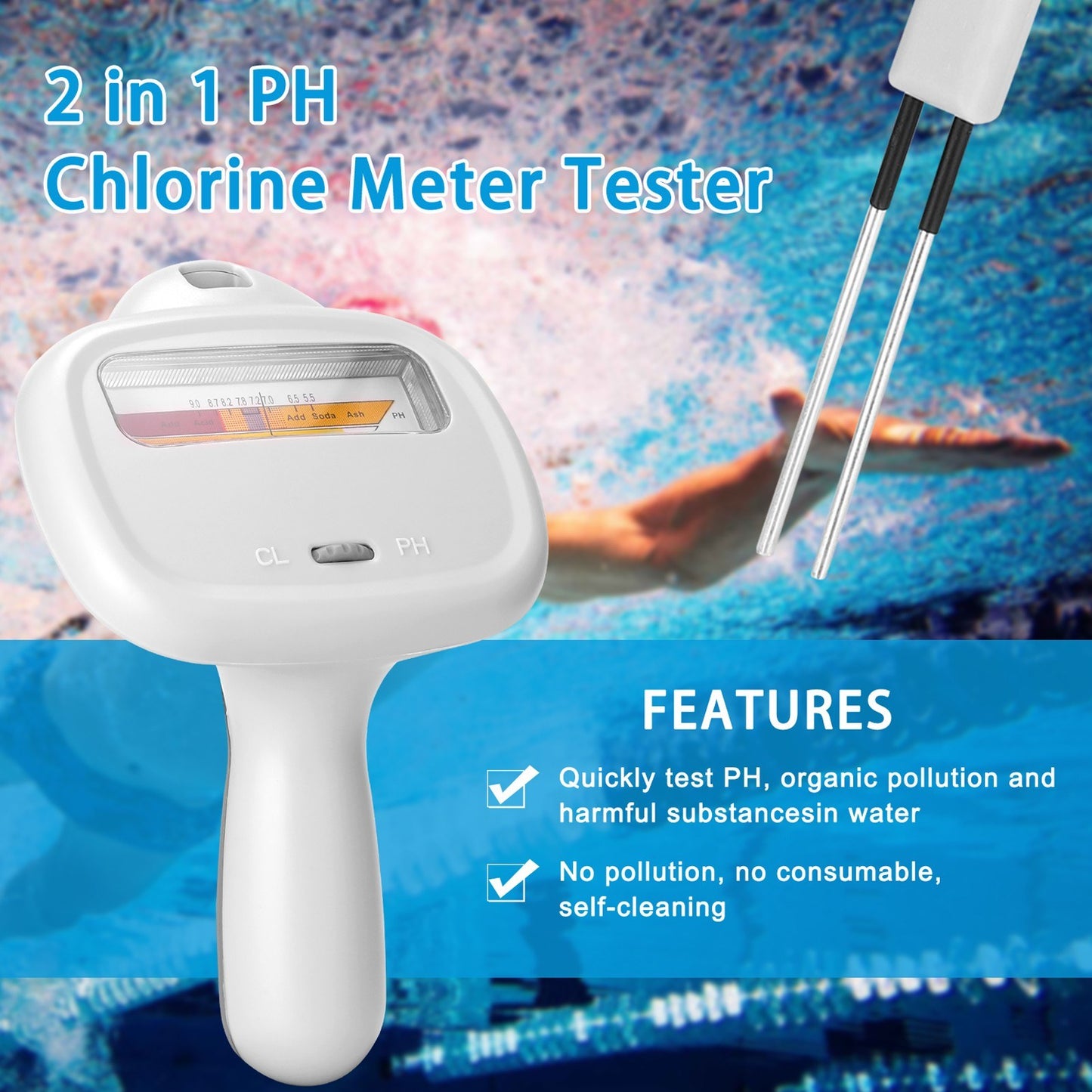 PC102C 2-in-1 Swimming Pool Water Quality Tester Portable PH Test Pen CL2 Chlorine Detector