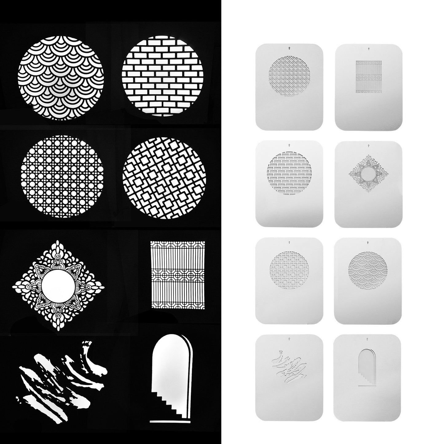 Uniqkart 8pcs/set Graphics Cards Metal Plates with Hollow Patterns for Optical Snoot Conical Focalize Condenser Art Special Effects Shaped Beam Light Photography Light Accessories - Chinese Style