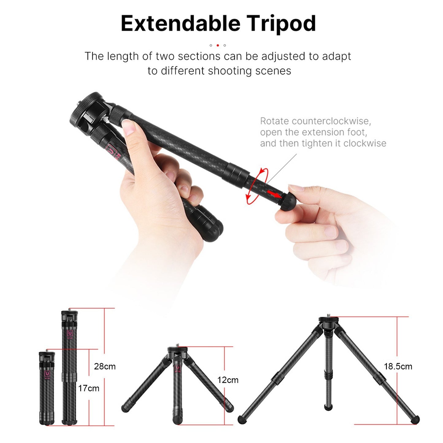 Uniqkart Lightweight Extendable Carbon Fibe Table Tripod Stand 2-height 2-angle Adjustable with Universal 1/4 Interface for DSLR SLR Phone Holder