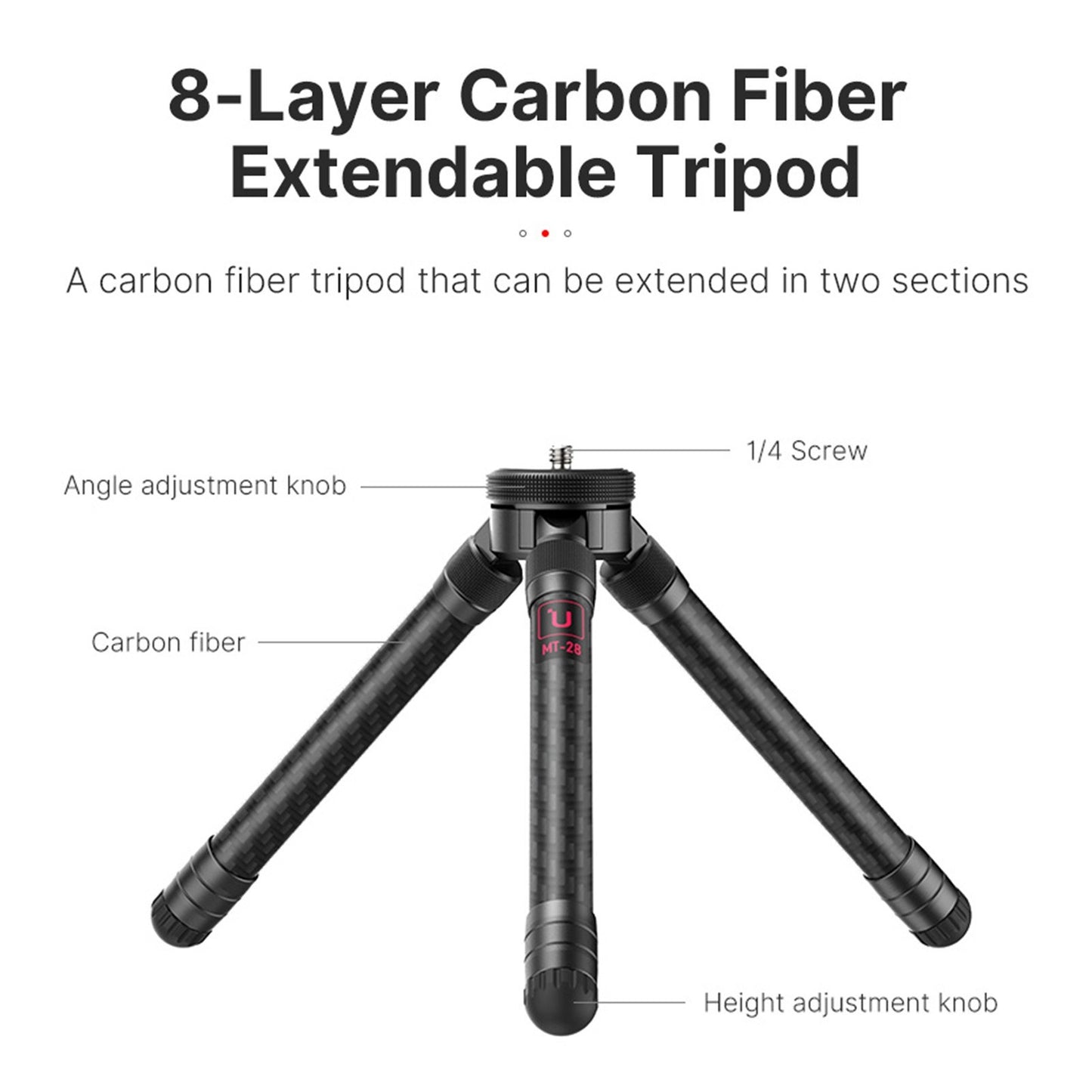 Uniqkart Lightweight Extendable Carbon Fibe Table Tripod Stand 2-height 2-angle Adjustable with Universal 1/4 Interface for DSLR SLR Phone Holder