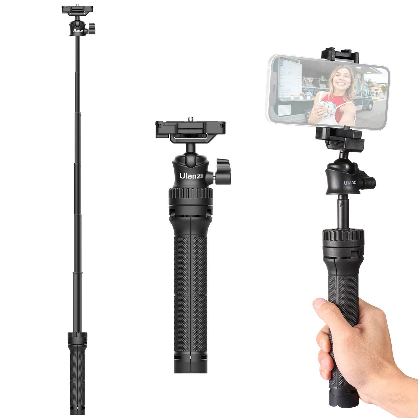 ULANZI MT-34 Portable Extendable Selfie Stick Tripod Handheld Photography Bracket Desktop Tripod Stand 360 Degree Rotatable Ballhead Adapter for Vlog Selfie Live Streaming