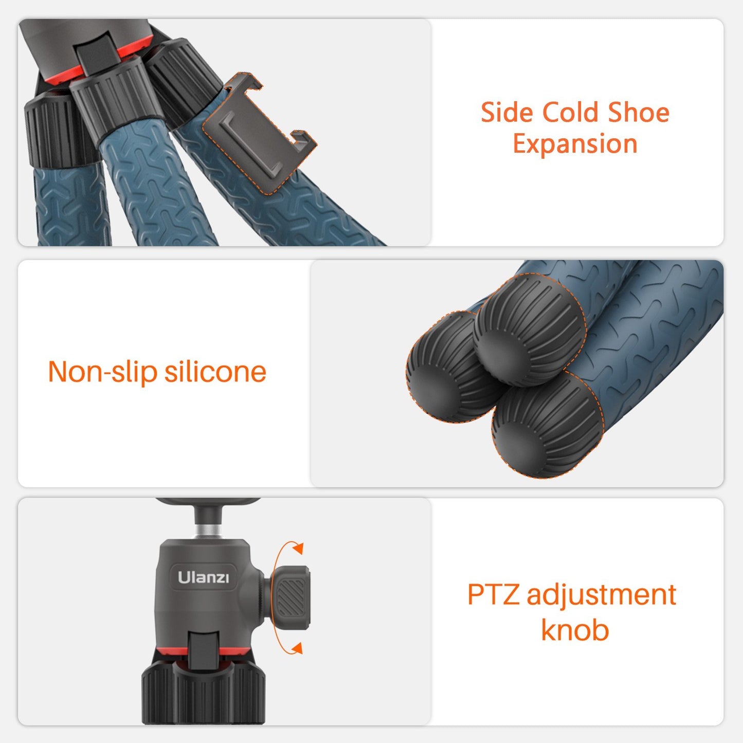 ULANZI MT-19 Phone Octopus Tripod Mount Flexible Adjustable 1.5KG Payload with 360 Degrees Swivel Ball Head Cold Shoe Support Horizontal Vertical Shooting - Dark Blue