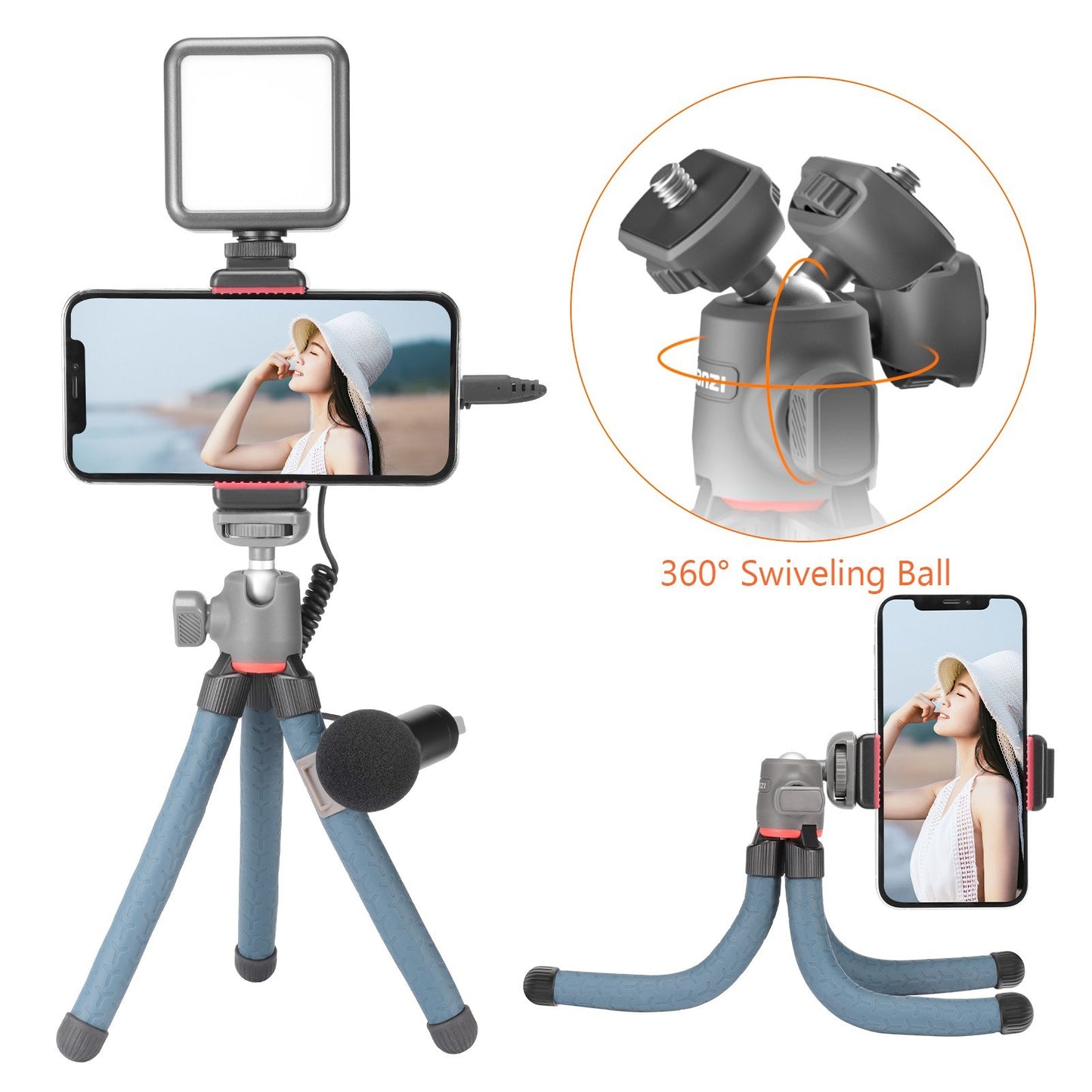 ULANZI MT-19 Phone Octopus Tripod Mount Flexible Adjustable 1.5KG Payload with 360 Degrees Swivel Ball Head Cold Shoe Support Horizontal Vertical Shooting - Dark Blue