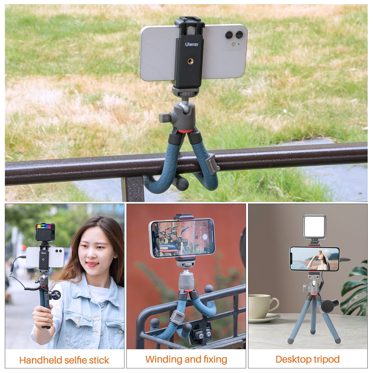 ULANZI MT-19 Phone Octopus Tripod Mount Flexible Adjustable 1.5KG Payload with 360 Degrees Swivel Ball Head Cold Shoe Support Horizontal Vertical Shooting - Dark Blue