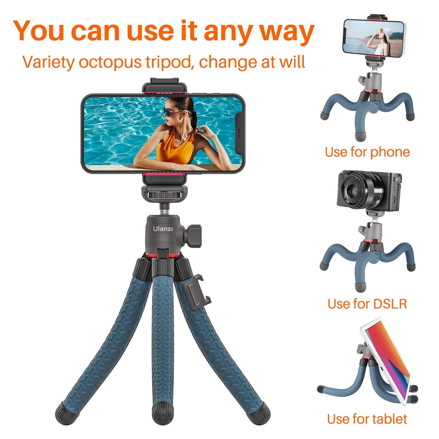 ULANZI MT-19 Phone Octopus Tripod Mount Flexible Adjustable 1.5KG Payload with 360 Degrees Swivel Ball Head Cold Shoe Support Horizontal Vertical Shooting - Dark Blue