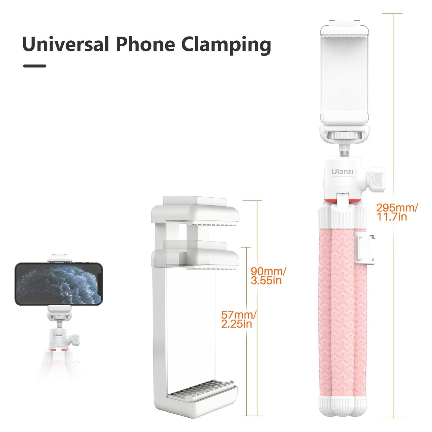 ULANZI Phone Octopus Tripod Mount Flexible Adjustable 1.5KG Payload with 360 Degrees Swivel Ball Head Cold Shoe Support Horizontal Vertical Shooting - Pink