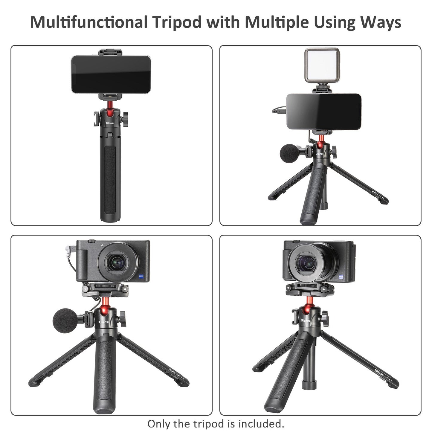 ULANZI MT-41 Portable Compact Desktop Macro Mini Tripod 4 Sections Foldable Collapsible Stand with 360 Degree Ball Head for Cameras Video Micro Shooting - Black