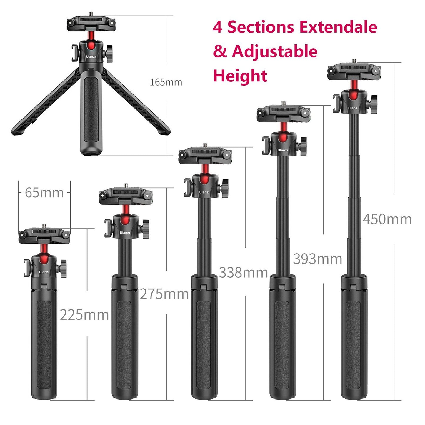 ULANZI MT-41 Portable Compact Desktop Macro Mini Tripod 4 Sections Foldable Collapsible Stand with 360 Degree Ball Head for Cameras Video Micro Shooting - Black