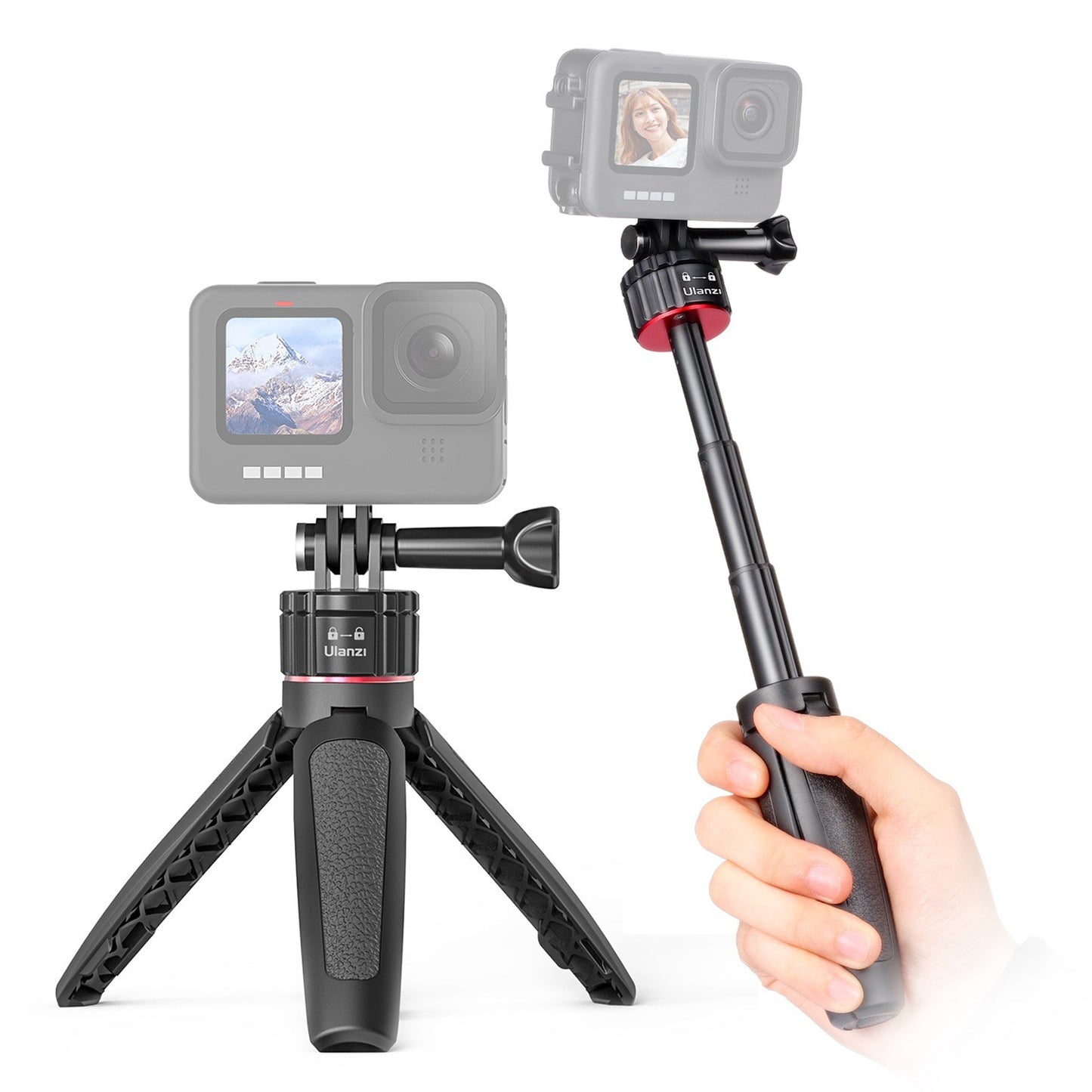 ULANZI GO-QUICK Aluminum Pocket Tripod Professional Selfie Stick Tripod with 1/4 Inch Quick Release Screw Hole Adapter Dual Interface for Live Streaming Vlog Video - Black