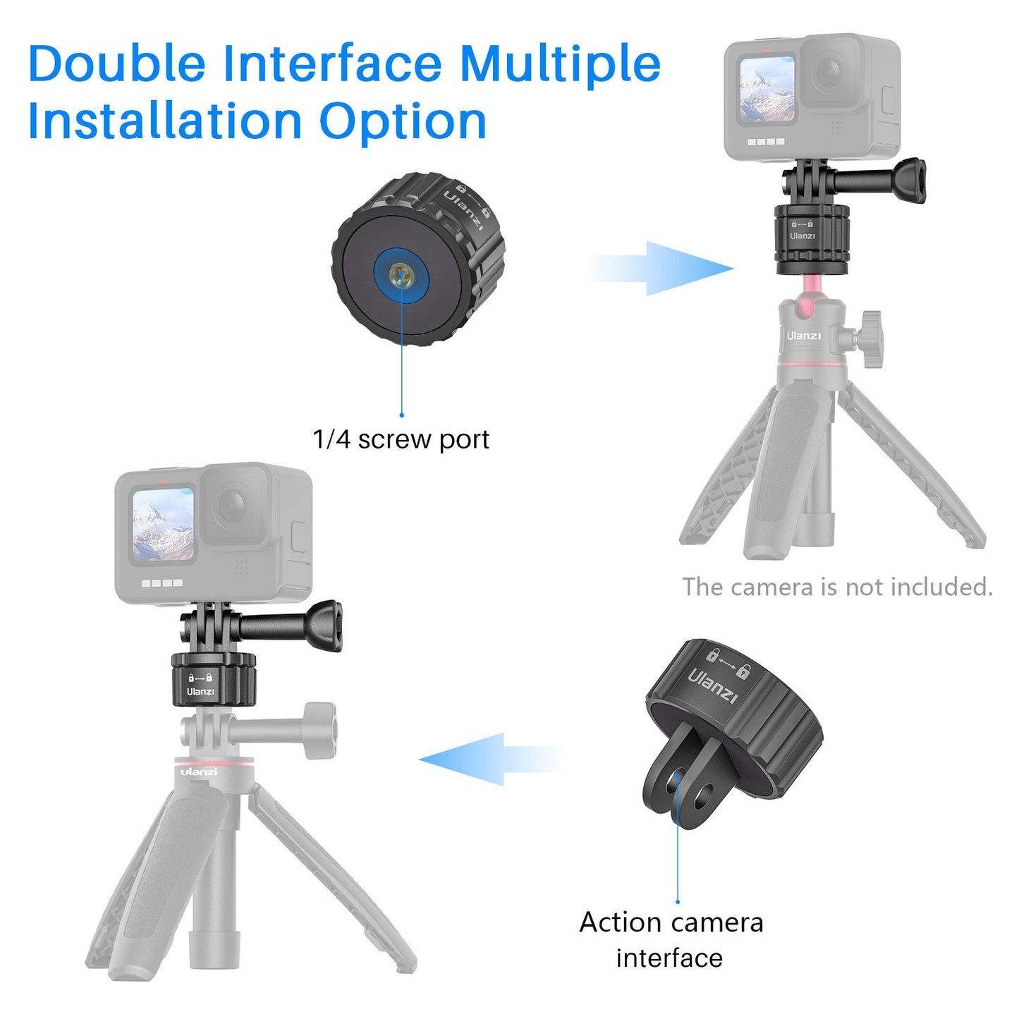 ULANZI GO-QUICK Aluminum Pocket Tripod Professional Selfie Stick Tripod with 1/4 Inch Quick Release Screw Hole Adapter Dual Interface for Live Streaming Vlog Video - Black