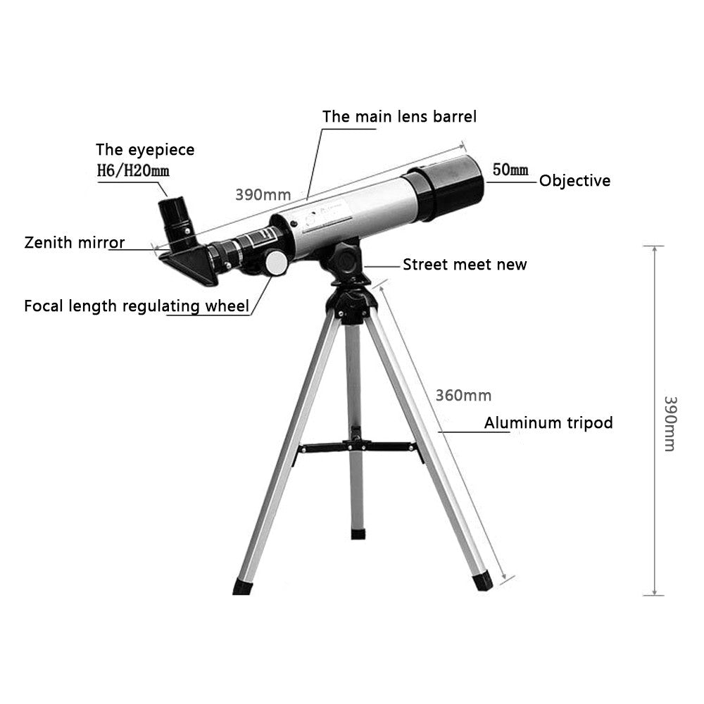 High Definition Refractive Astronomical Telescope Aluminum Alloy Tripod 50mm Aperture 360mm Focal Length 90X Max Magnification