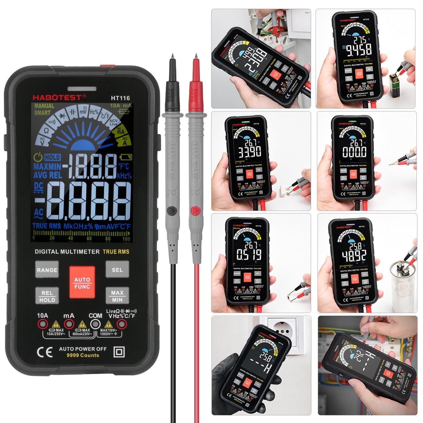 HABOTEST HT116 Digital Multimeter Voltmeter RMS 9999 Counts DC/AC Voltage Detection Measures Resistance Continuity Frequency Capacitance