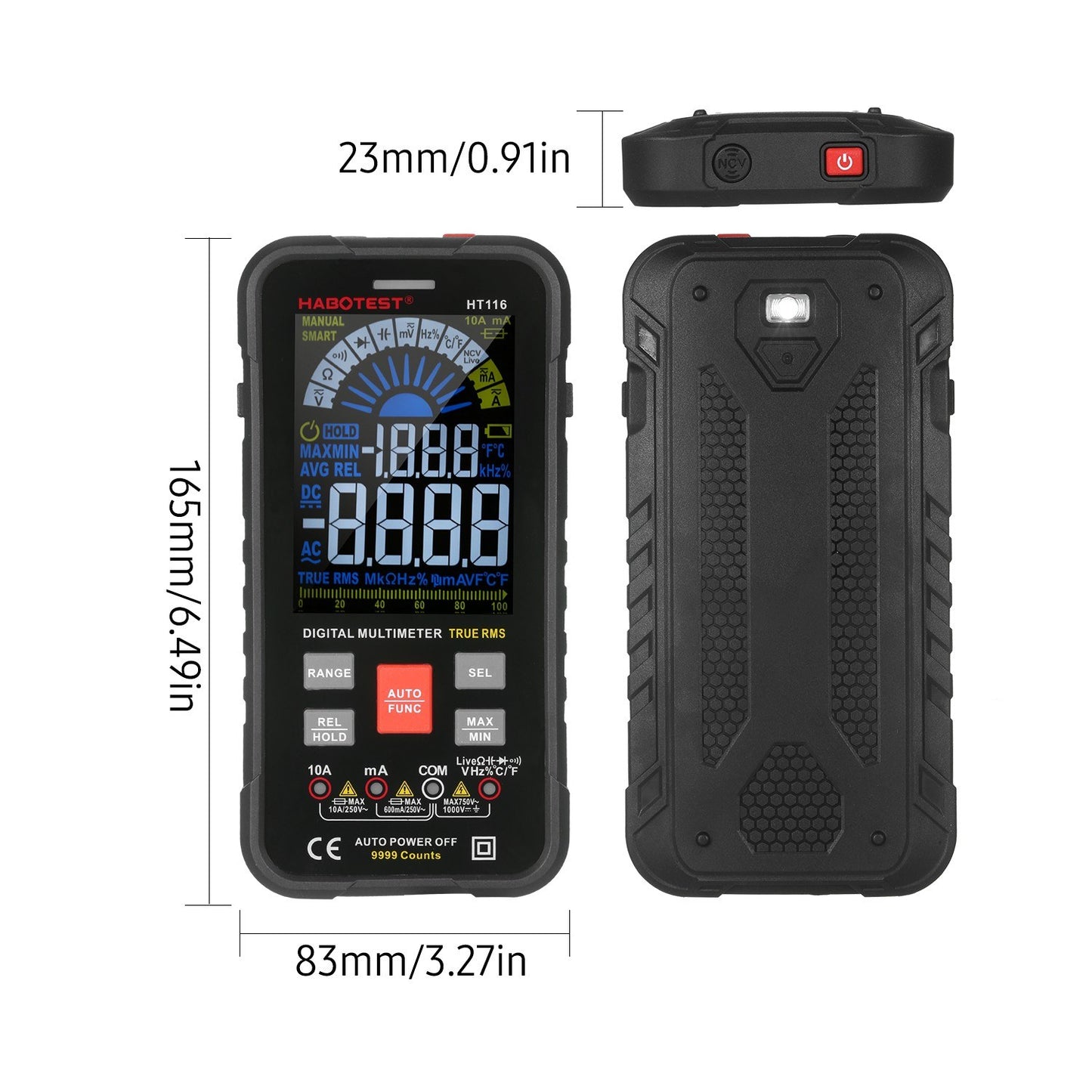 HABOTEST HT116 Digital Multimeter Voltmeter RMS 9999 Counts DC/AC Voltage Detection Measures Resistance Continuity Frequency Capacitance