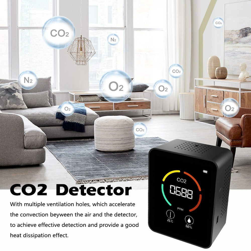 3-in-1 CO2 Temperature Humidity Meter TVOC Detection with LCD Display Air Quality Monitor Portable Carbon Dioxide Detector for Home Office Car - Black
