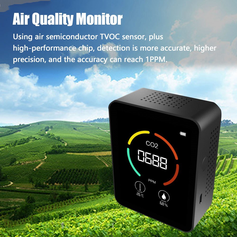 3-in-1 CO2 Temperature Humidity Meter TVOC Detection with LCD Display Air Quality Monitor Portable Carbon Dioxide Detector for Home Office Car - Black