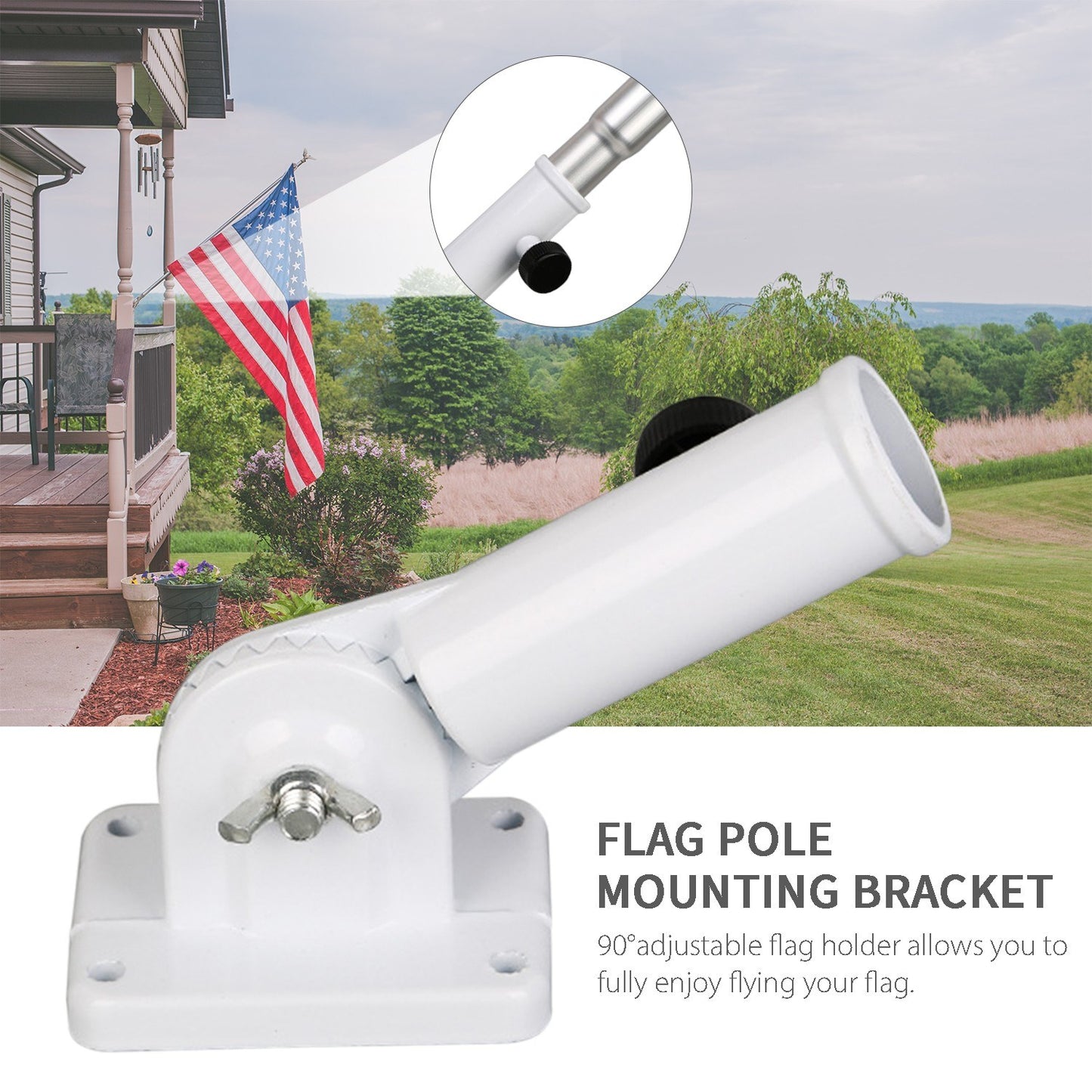 90-degree Adjustable Wall Flag Pole Base Mounting Bracket with Hardware Aluminum Flag Holder Bracket