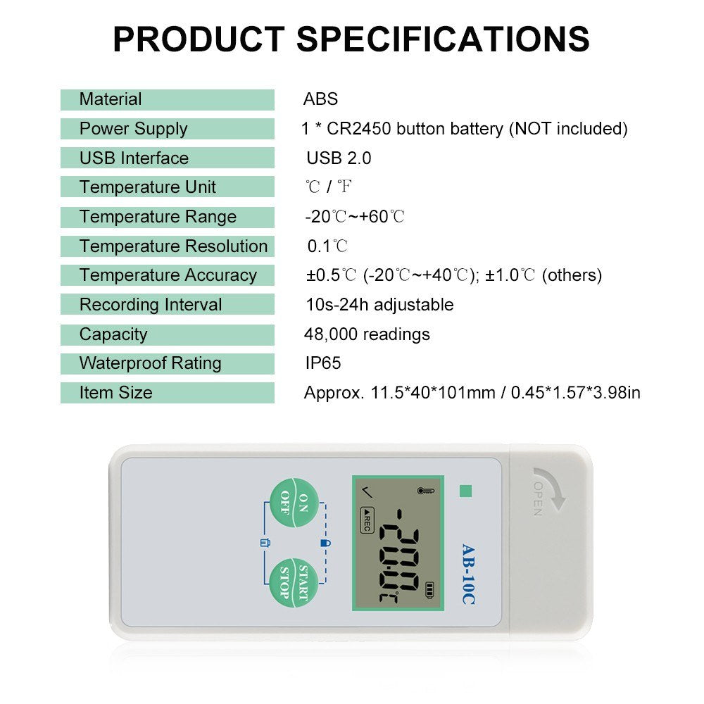 AB-10C Reusable USB Temperature Data Temperature Recorder Logger with 48,000 Record Capacity