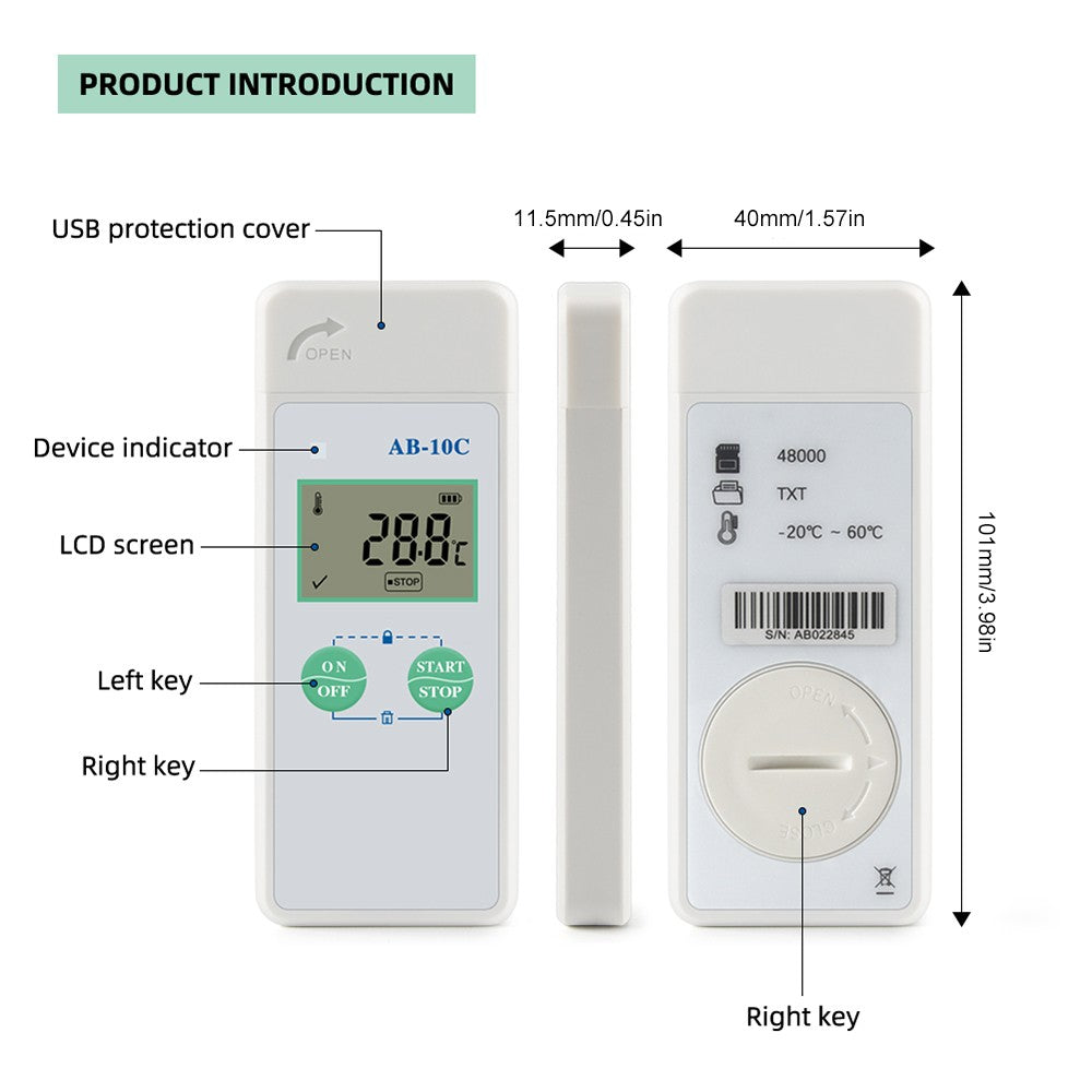 AB-10C Reusable USB Temperature Data Temperature Recorder Logger with 48,000 Record Capacity
