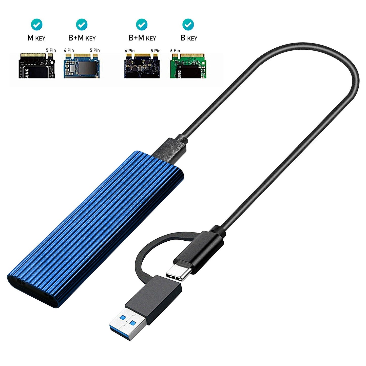 M.2 NVME/SATA Aluminum Alloy Hard Drive Enclosure 10Gbps High Speed Transmission Dual Protocol with OTG for M.2 SSD - Blue