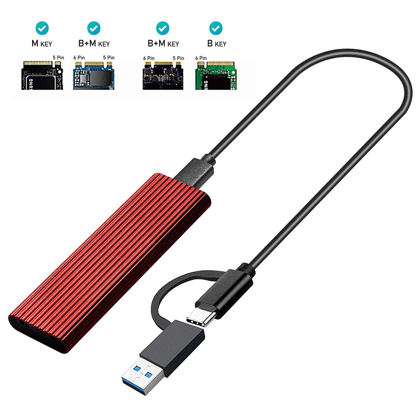 M.2 NVME/SATA Aluminum Alloy Hard Drive Enclosure 10Gbps High Speed Transmission Dual Protocol with OTG for M.2 SSD - Red