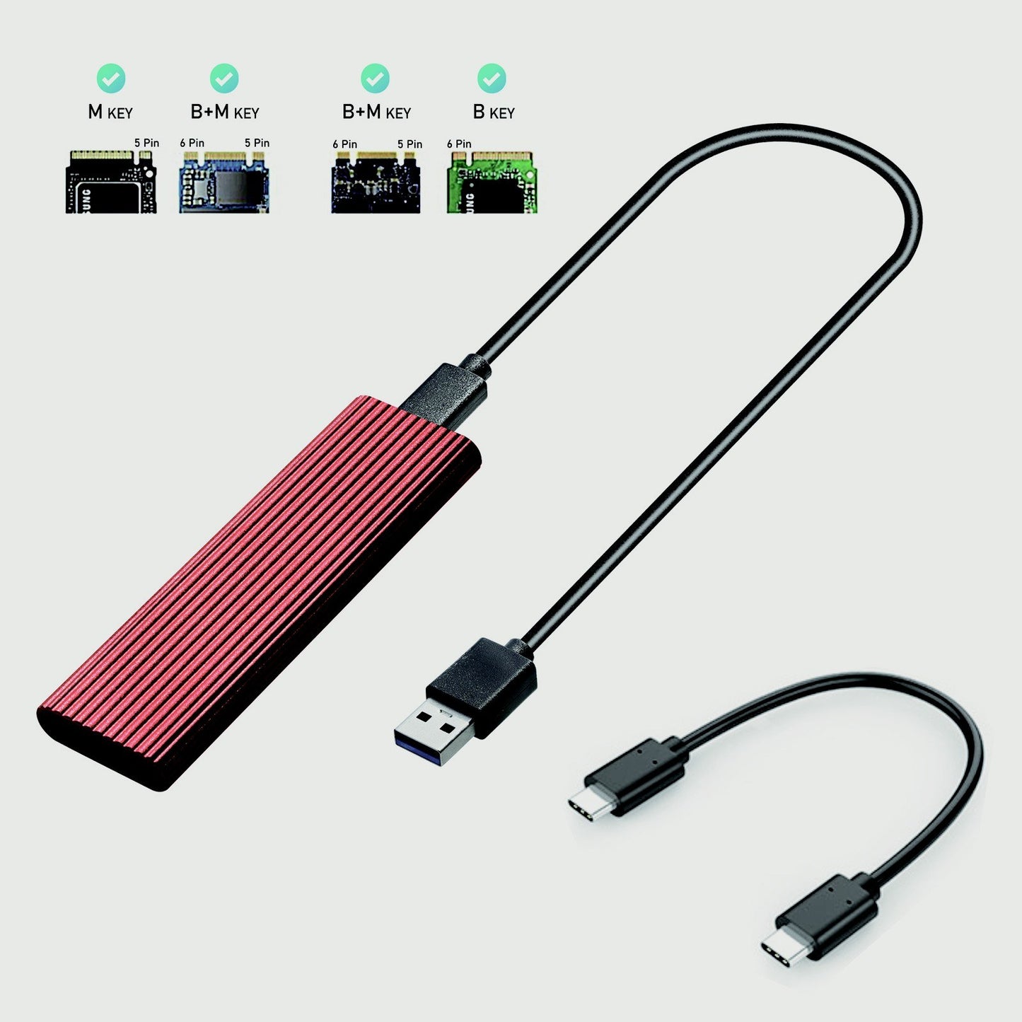 M.2 SATA NVME to USB 3.1 Hard Drive Enclosure Dual Protocol 10Gbps Transmission Portable Type-C External Enclosure Aluminum Alloy Shell with LED Light - Red