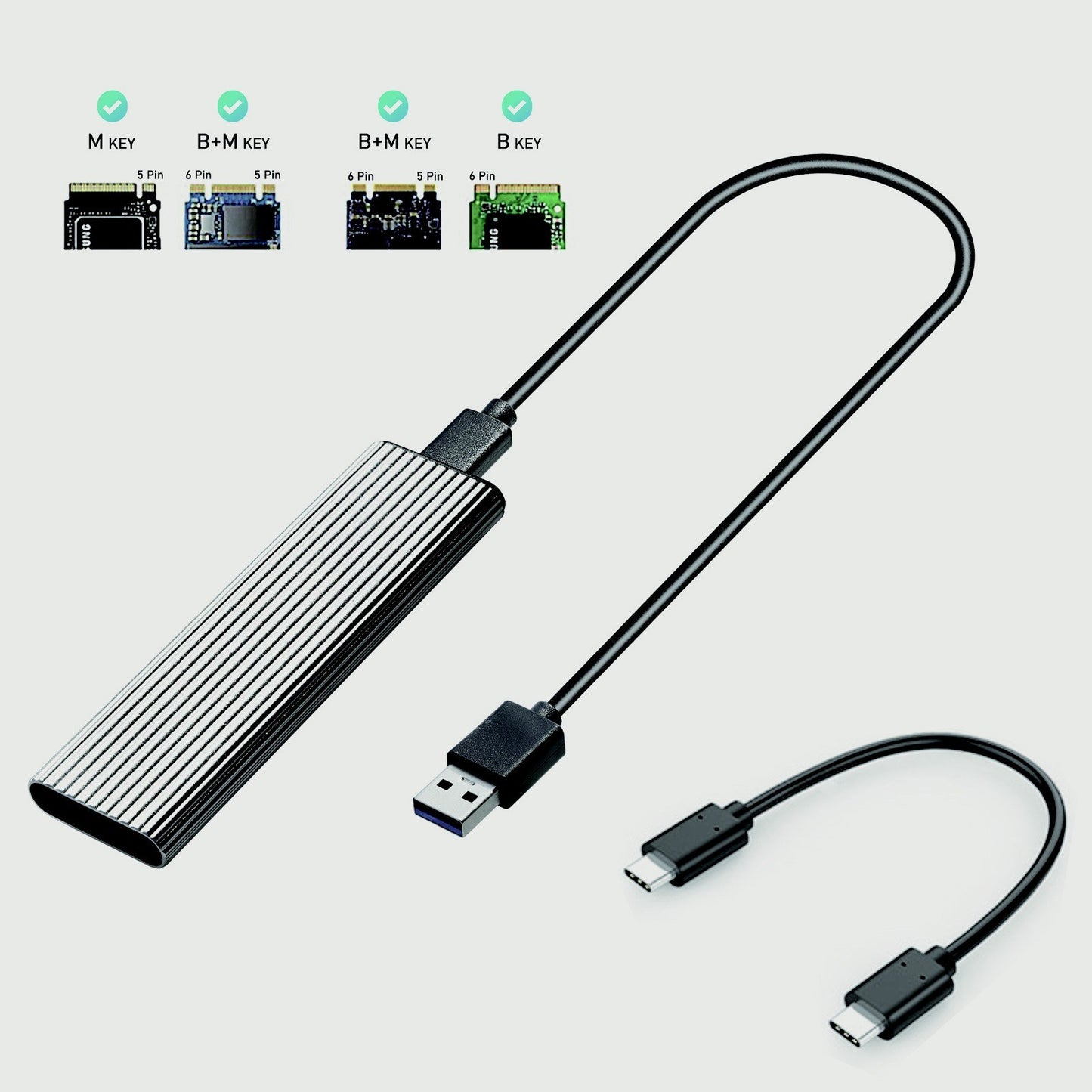 M.2 SATA NVME to USB 3.1 Hard Drive Enclosure Dual Protocol 10Gbps Transmission Portable Type-C External Enclosure Aluminum Alloy Shell with LED Light - Silver