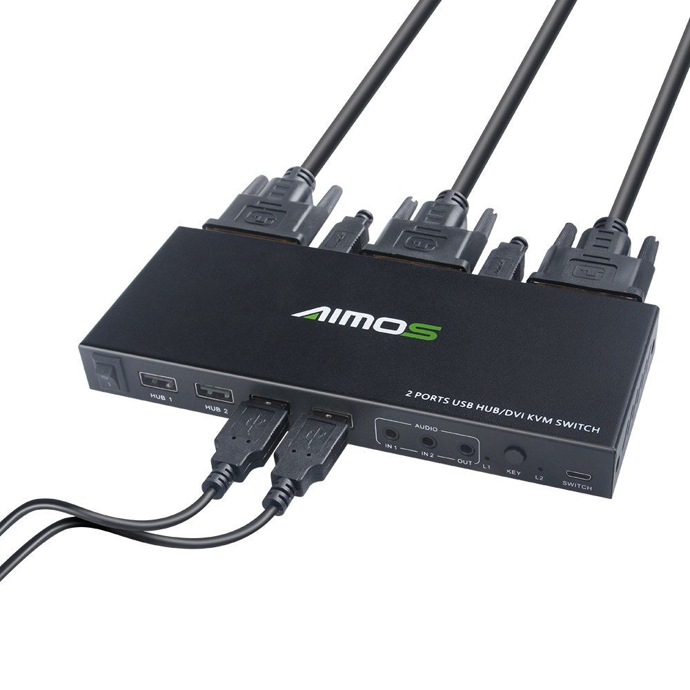 AIMOS 2 in 1 Out DVI KVM Switch Dual Displays Support USB HUB Mouse Keyboard Audio Cable Adapter