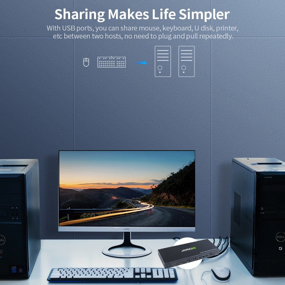 AIMOS 2 in 1 Out DVI KVM Switch Dual Displays Support USB HUB Mouse Keyboard Audio Cable Adapter