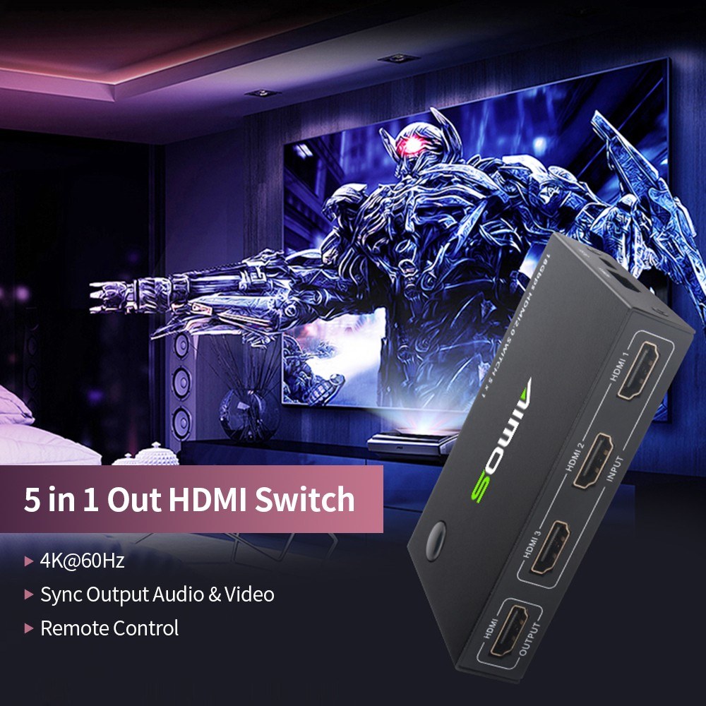 5-port Resolution HD Video Switch Selector 5-in-1 Out Resolution HD Video Switch 4K@60Hz Resolution HD Video Switch Splitter for Game Console Laptop DVD Player TV Box