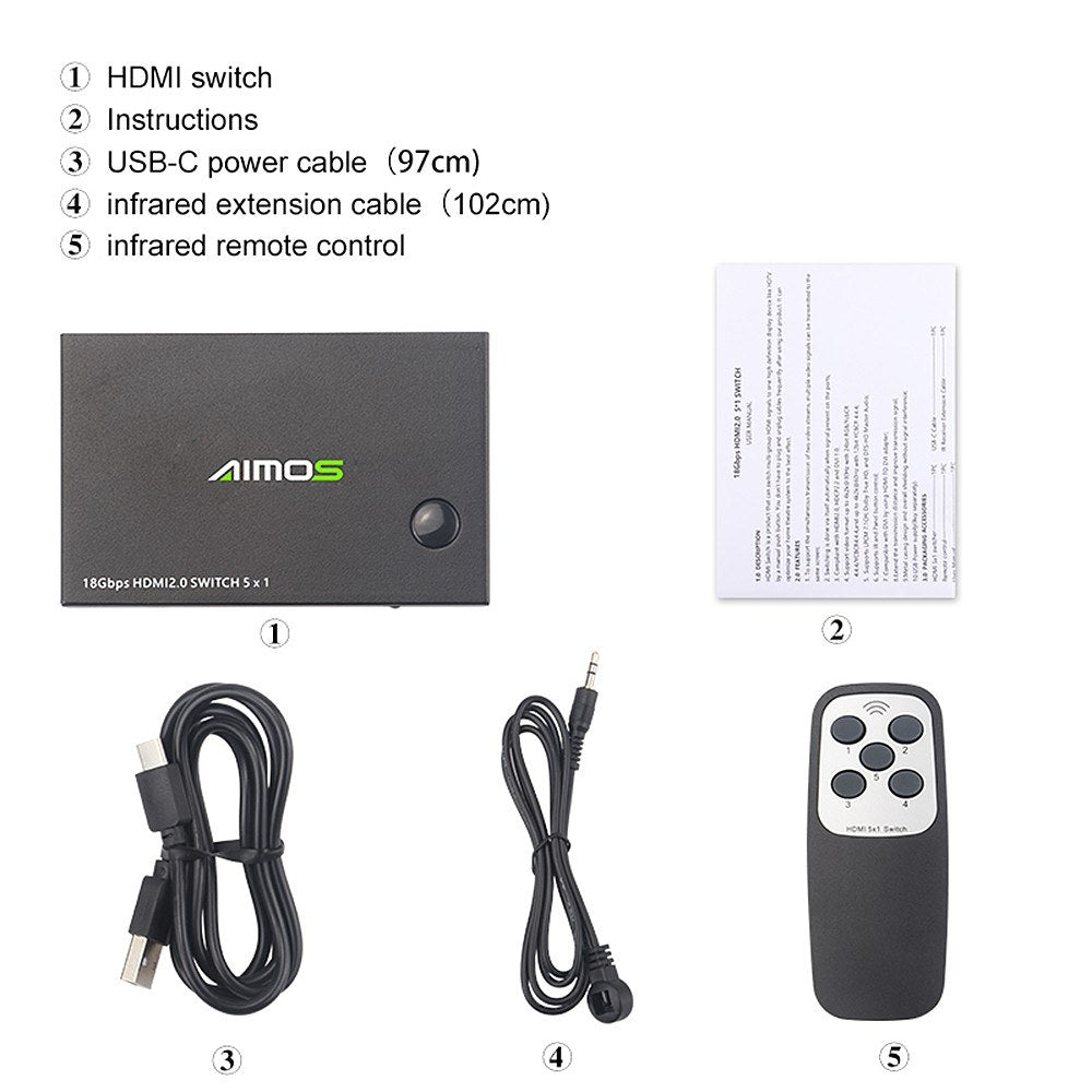 5-port Resolution HD Video Switch Selector 5-in-1 Out Resolution HD Video Switch 4K@60Hz Resolution HD Video Switch Splitter for Game Console Laptop DVD Player TV Box