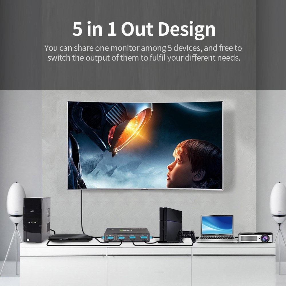 5-port Resolution HD Video Switch Selector 5-in-1 Out Resolution HD Video Switch 4K@60Hz Resolution HD Video Switch Splitter for Game Console Laptop DVD Player TV Box