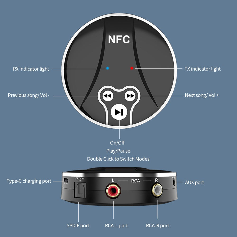 Mini BT Audio Transceiver 2-in-1 BT Audio Adapter with NFC Function Mutiple Ports for Home Car Stereo
